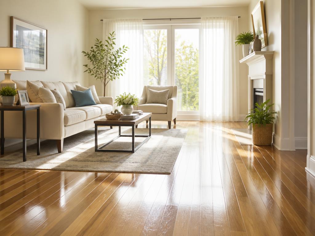 Bright, freshly cleaned living room with sunlight through sheer curtains